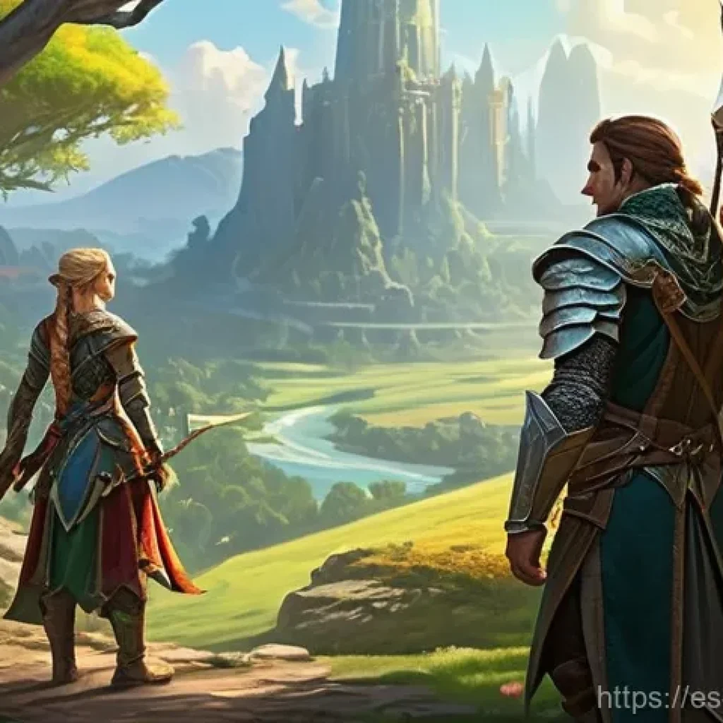 리니지2M 파티 플레이 장점 - **Prompt:** "A vibrant fantasy landscape, reminiscent of Lineage2M, where a diverse group of adventu...