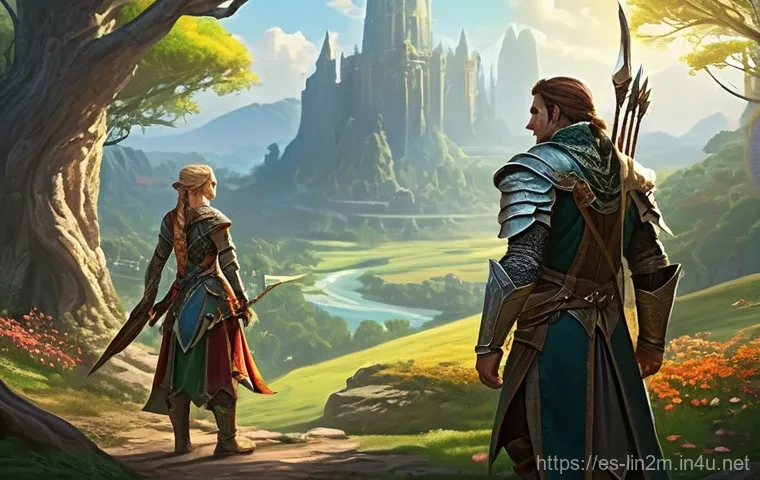 리니지2M 파티 플레이 장점 - **Prompt:** "A vibrant fantasy landscape, reminiscent of Lineage2M, where a diverse group of adventu...