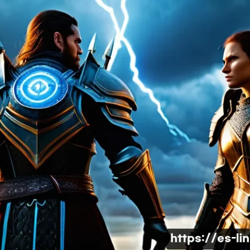 리니지2M 직업별 필수 아이템 - A dynamic warrior and assassin duo standing back-to-back in a medieval fantasy battlefield, the warr...