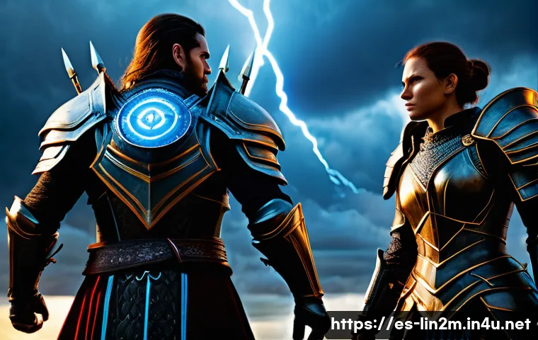 리니지2M 직업별 필수 아이템 - A dynamic warrior and assassin duo standing back-to-back in a medieval fantasy battlefield, the warr...