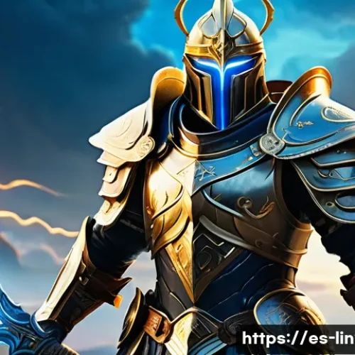 리니지2M 명성 시스템 활용 - A powerful fantasy warrior character in full ornate armor glowing with ethereal blue and gold accent...