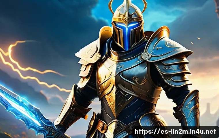 리니지2M 명성 시스템 활용 - A powerful fantasy warrior character in full ornate armor glowing with ethereal blue and gold accent...