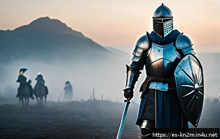 리니지2M 리세마라 추천 캐릭터 - A heavily armored Knight warrior standing confidently on a misty battlefield at dawn, wielding a lar...