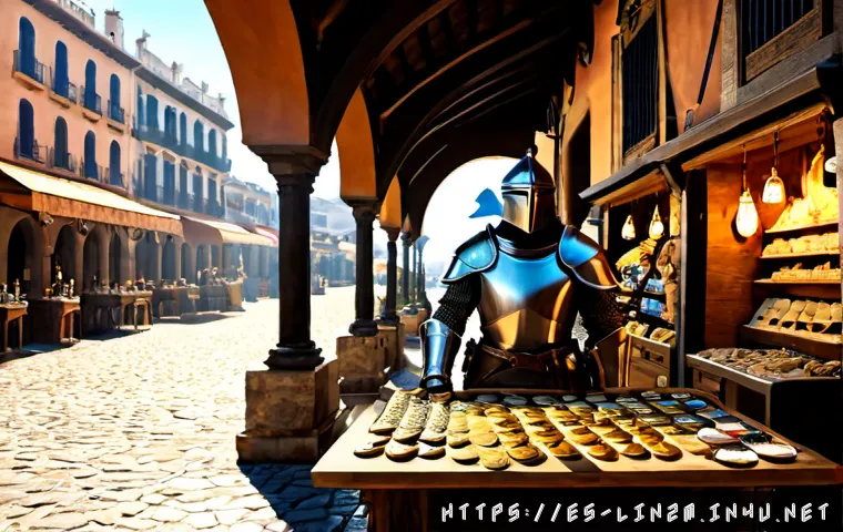 리니지2M 무역 시스템 이해하기 - Photorealistic high-fantasy MMORPG marketplace in a sunlit Spanish Mediterranean port city, armored ...