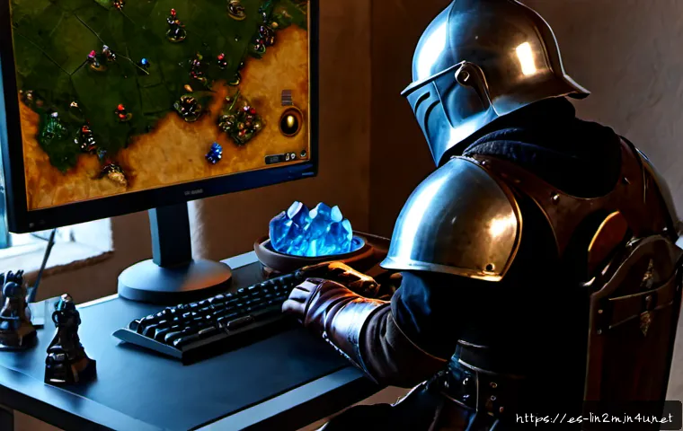리니지2M 사냥터별 추천 장비 - Photorealistic fantasy gaming desk scene for an MMORPG hunting-ground equipment guide, a focused adu...